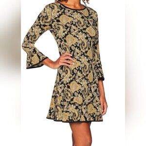 Michael Kors SZ M Black & Marigold Paisley Dress Flounce Hem Bell 3/4 Sleeves